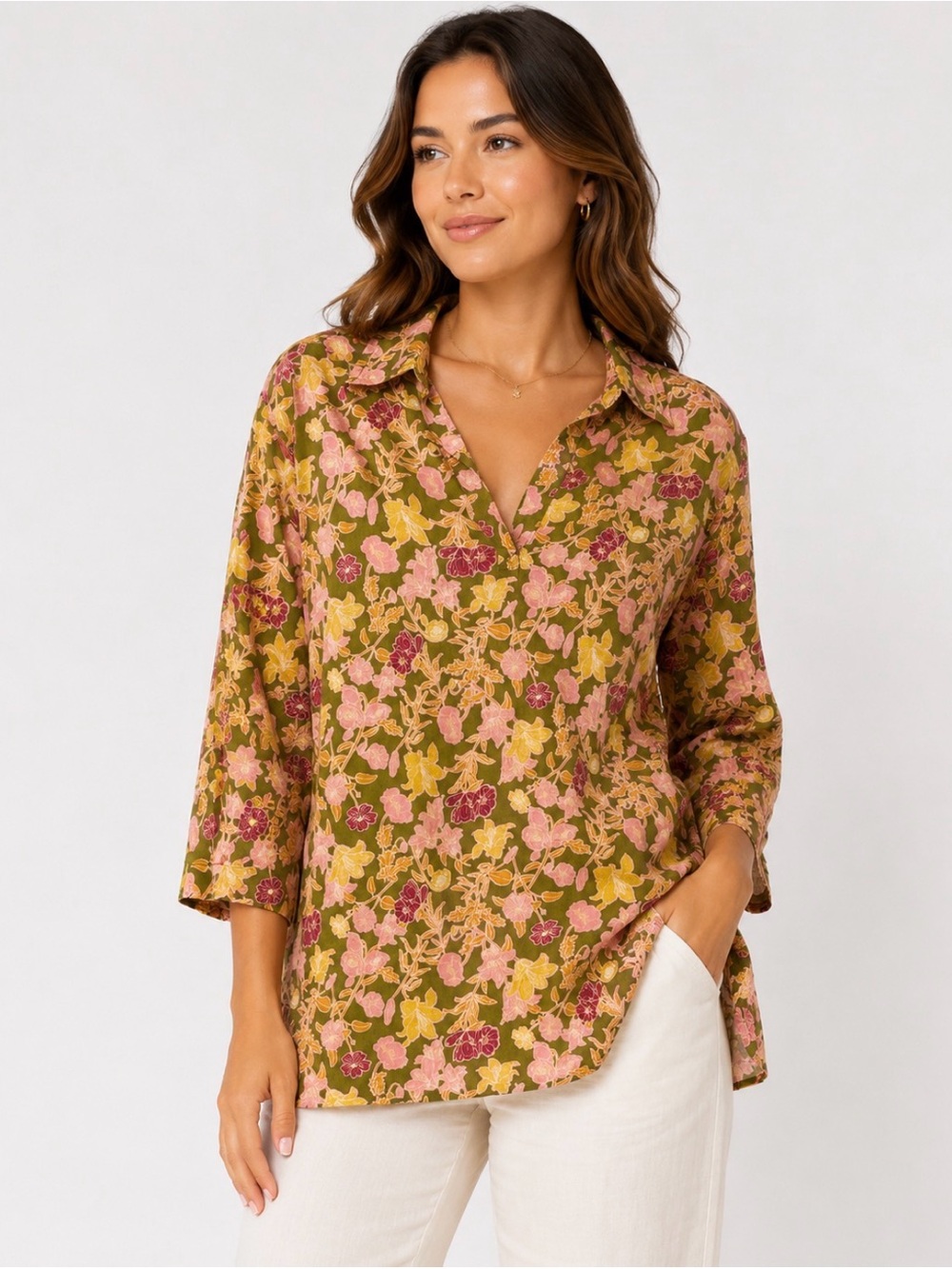 Cynthia Rowley Linen Floral Tunic Top XL Olive Pink 3/4 Sleeve